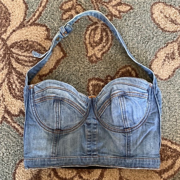 Guess Denim Bustier Crop Top - Picture 2 of 16